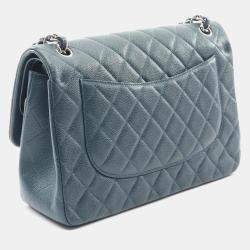 Pre Owned Chanel Deca Matelasse 30 Classic Large Double Flap Shoulder Bag In Grained Calfskin Leather Green