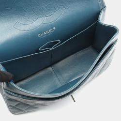 Pre Owned Chanel Deca Matelasse 30 Classic Large Double Flap Shoulder Bag In Grained Calfskin Leather Green