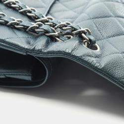 Pre Owned Chanel Deca Matelasse 30 Classic Large Double Flap Shoulder Bag In Grained Calfskin Leather Green