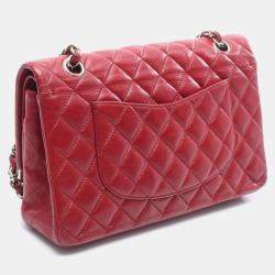مملوكة مسبقًا حقيبة شانيل بكتف مزدوجة الغطاء من جلد العجل المكبوس الكافيار الأحمر