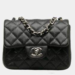 Pre Owned Chanel Mini Matelasse Chain Shoulder Bag In Black And Silver Caviar Skin