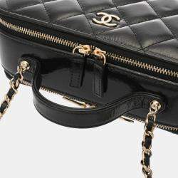 Pre Owned Chanel Vanity Black Shiny Calfskin Leather Top Handle Bag