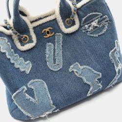 Pre Owned Chanel Large Blue/White Denim And Mouton Shopping Bag Tote 