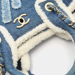 Pre Owned Chanel Large Blue/White Denim And Mouton Shopping Bag Tote 