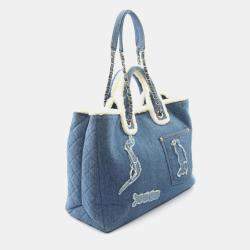 Pre Owned Chanel Large Blue/White Denim And Mouton Shopping Bag Tote 