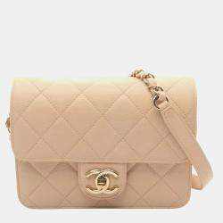 Pre Owned Chanel Matelasse Flap Mini Beige Calfskin Leather Shoulder Bag