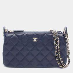 Pre Owned Chanel Matelasse Chain Clutch Shoulder Bag In Calfskin Leather Navy Blue