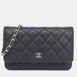 Pre Owned Chanel Timeless Classic Line Black Leather Chain Wallet