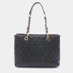Pre Owned Chanel Matelasse Grand Shopping Gst Tote Bag In Calfskin Leather Black