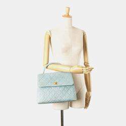 Pre Owned Chanel Coco Mark Quilted Handbag With Top Handles Light Blue Denim