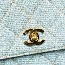 Pre Owned Chanel Coco Mark Quilted Handbag With Top Handles Light Blue Denim