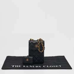 Pre Owned Chanel Black Quilted Caviar Leather Phone Holder Crossbody Bag