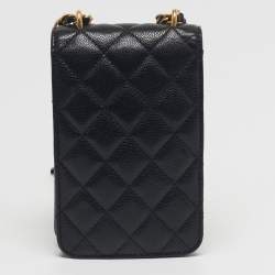 Pre Owned Chanel Black Quilted Caviar Leather Phone Holder Crossbody Bag