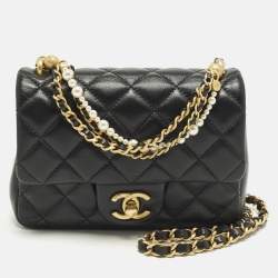 Pre Owned Chanel Square Mini Pearl Twist Black Quilted Leather Flap Bag