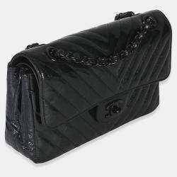 Pre Owned Chanel Classic Chevron Double Flap Small Black Metallic Crumpled Patent Leather Shoulder Bag