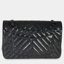 Pre Owned Chanel Classic Chevron Double Flap Small Black Metallic Crumpled Patent Leather Shoulder Bag