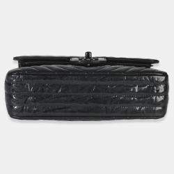 Pre Owned Chanel Classic Chevron Double Flap Small Black Metallic Crumpled Patent Leather Shoulder Bag
