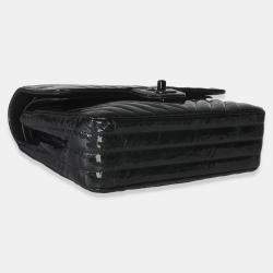 Pre Owned Chanel Classic Chevron Double Flap Small Black Metallic Crumpled Patent Leather Shoulder Bag