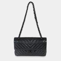 Pre Owned Chanel Classic Chevron Double Flap Small Black Metallic Crumpled Patent Leather Shoulder Bag