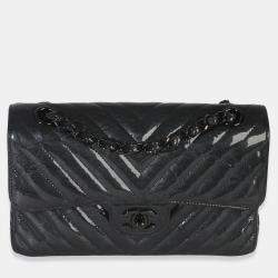 Pre Owned Chanel Classic Chevron Double Flap Small Black Metallic Crumpled Patent Leather Shoulder Bag
