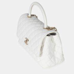 Pre Owned Chanel White Quilted Caviar Medium Coco Top Handle Bag