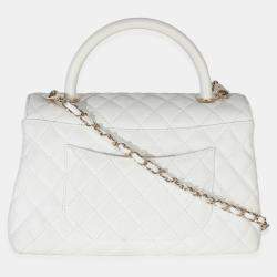 Pre Owned Chanel White Quilted Caviar Medium Coco Top Handle Bag