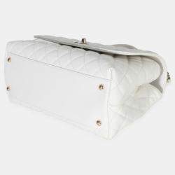 Pre Owned Chanel White Quilted Caviar Medium Coco Top Handle Bag