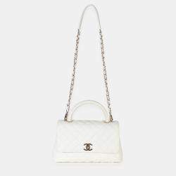 Pre Owned Chanel White Quilted Caviar Medium Coco Top Handle Bag