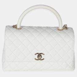 Pre Owned Chanel White Quilted Caviar Medium Coco Top Handle Bag