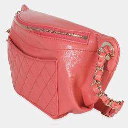 Pre Owned Chanel Pink Crumpled Glazed Quilted Lambskin Front Pocket Belt Bag