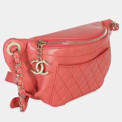 Pre Owned Chanel Pink Crumpled Glazed Quilted Lambskin Front Pocket Belt Bag