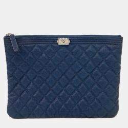 Pre Owned Chanel Navy Blue Leather Caviar Boy Clutch New Medium