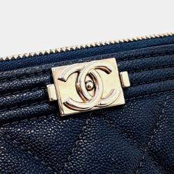 Pre Owned Chanel Navy Blue Leather Caviar Boy Clutch New Medium