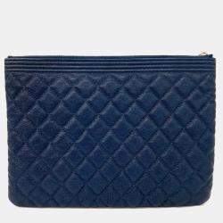Pre Owned Chanel Navy Blue Leather Caviar Boy Clutch New Medium