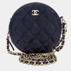 Pre Owned Chanel Black Leather Caviar Round Mini Crossbody Bag