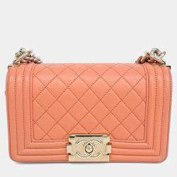 Pre Owned Chanel Orange Leather Boy Bag Small