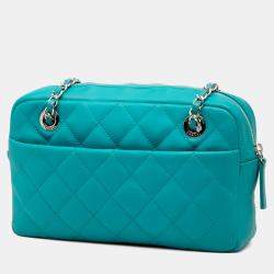 مملوكة مسبقًا حقيبة شانيل زرقاء وسط CC مبطنة جلد الغنم المطاطية كاميرا كوكو رين