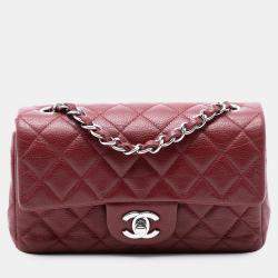 Pre Owned حقيبة رفرف منفردة كلاسيكية شانيل كافيار أحمر صغيرة مستطيلة