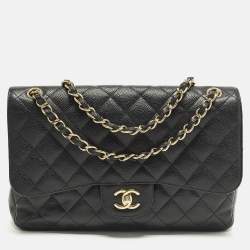 Pre Owned Chanel Classic Double Flap Jumbo Black Quilted Caviar Leather Shoulder Bag
