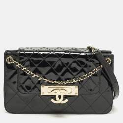 Pre Owned Chanel Accordion Black Quilted Patent Leather Golden Class Flap Bag