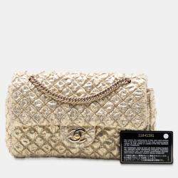 مملوكة مسبقًا حقيبة بخطاف مزدوج شانيل كلاسيك معدني لاميه مجوهرات سلسلة ذهبية صغيرة