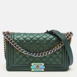 Pre Owned Chanel Boy Medium Metallic Green Quilted Leather Flap Bag