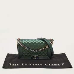 Pre Owned Chanel Boy Medium Metallic Green Quilted Leather Flap Bag