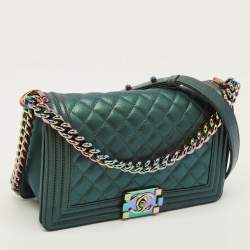Pre Owned Chanel Boy Medium Metallic Green Quilted Leather Flap Bag