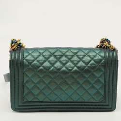 Pre Owned Chanel Boy Medium Metallic Green Quilted Leather Flap Bag