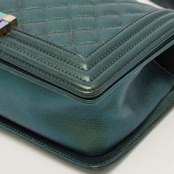 Pre Owned Chanel Boy Medium Metallic Green Quilted Leather Flap Bag