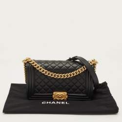 Pre Owned Chanel Boy Medium Black Quilted Caviar Leather Flap Bag