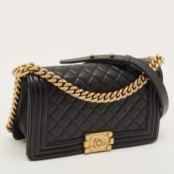 Pre Owned Chanel Boy Medium Black Quilted Caviar Leather Flap Bag