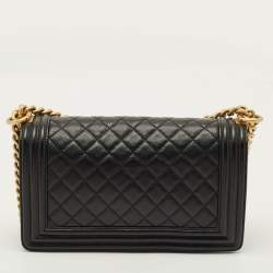 Pre Owned Chanel Boy Medium Black Quilted Caviar Leather Flap Bag
