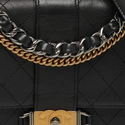 Pre Owned Chanel Double Chain Black Quilted Leather Flap Shoulder Bag
